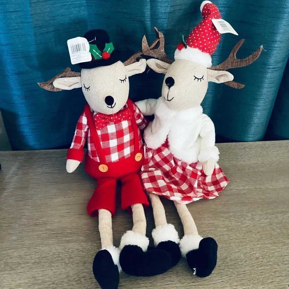 Farmhouse Christmas Reindeer Pair Plush Holiday Decor